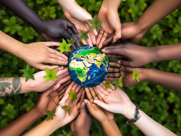 Diferentes cores de mãos estão alcançando um globo proteção ambiental e sustentabilidade _ imagem Premium gerada com IA